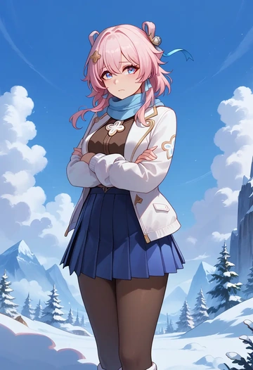 star rail,march 7th,winter,student uniform,puffer jacket  - AI generated anime art